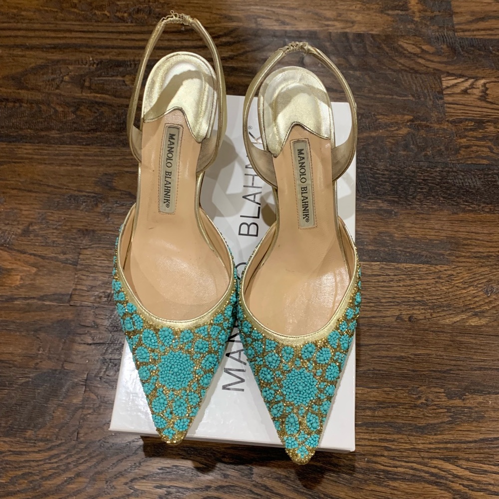 Manolo Blahnik gold glitter heels